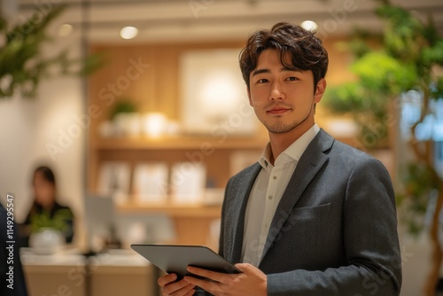 A man in a suit holding a tablet. Generative AI