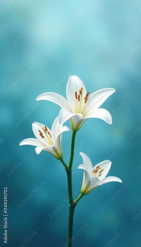Fototapeta premium Dainty white lily blooms on a serene blue mist background, innocence, petals