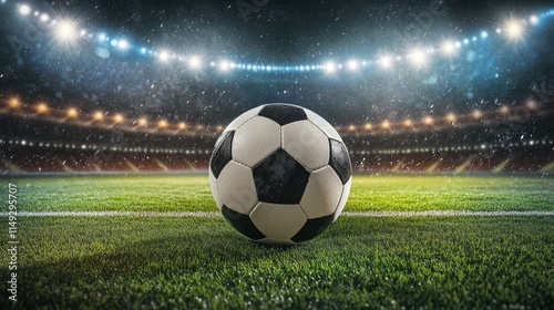 Soccer Ball in a Stadium with Lights. A classic black and white soccer ball on green grass in the center of a stadium, illuminated by spotlights