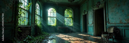 Dark and ominous abandoned mansion with shattered glass and tangled vines, shattered glass, dusty furniture, musty smell