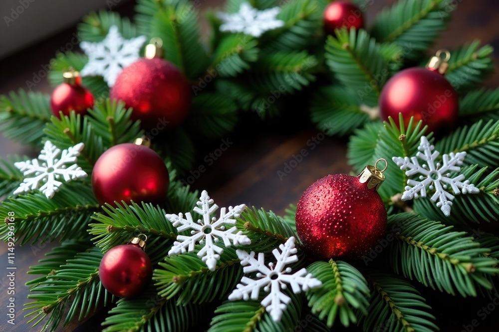 Fototapeta premium Evergreen branch wreath with intricate snowflake ornaments and red glass baubles, festive, snowflakes, wreath
