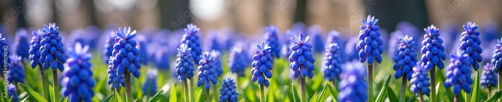 Field of muscari grape hyacinth in full bloom, blooming flowers, spring garden Field of muscari grape hyacinth in full bloom, blooming flowers, spring garden