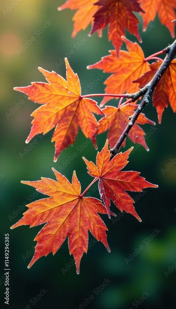 Frosty maple branches with vibrant autumn colors, branch, green, orange Frosty maple branches with vibrant autumn colors, branch, green, orange