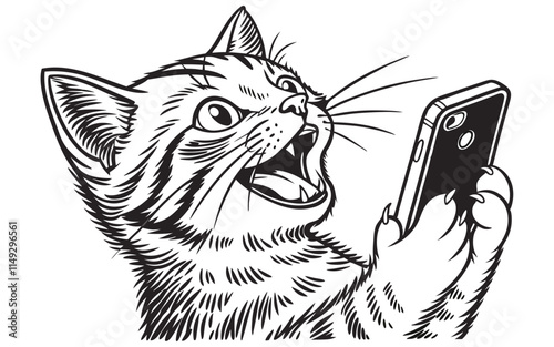 Black and white illustration of an excited cat holding a smartphone. Perfect for tech-related content, pet-themed designs, or humorous digital art.