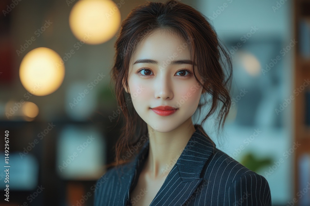 Fototapeta premium A woman with long brown hair and a black suit is smiling. Generative AI