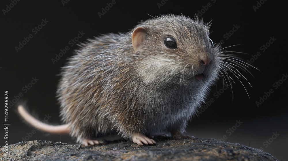 Obraz premium Adorable Small Animal with Fur and Whiskers on Rock Against Dark Background Captured in High-Detail Macro Photography