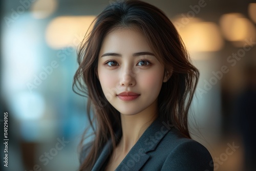 A woman with long brown hair and a black jacket is smiling for the camera. Generative AI
