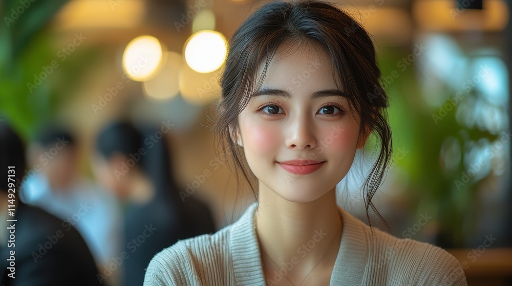 Obraz premium A woman with a smile on her face is standing in front of a green plant. Generative AI