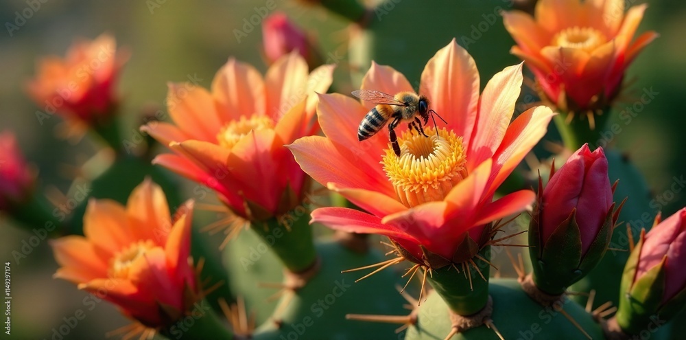 Prickly pear cactus with bees collecting nectar from its flowers, flowers, plants, opuntia ficus indica Prickly pear cactus with bees collecting nectar from its flowers, flowers, plants, opuntia ficus indica