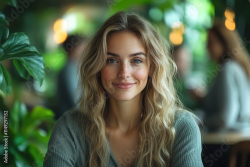 A woman with blonde hair and blue eyes is smiling at the camera. Generative AI