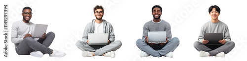 Diverse men using laptops png cut out element set, transparent background