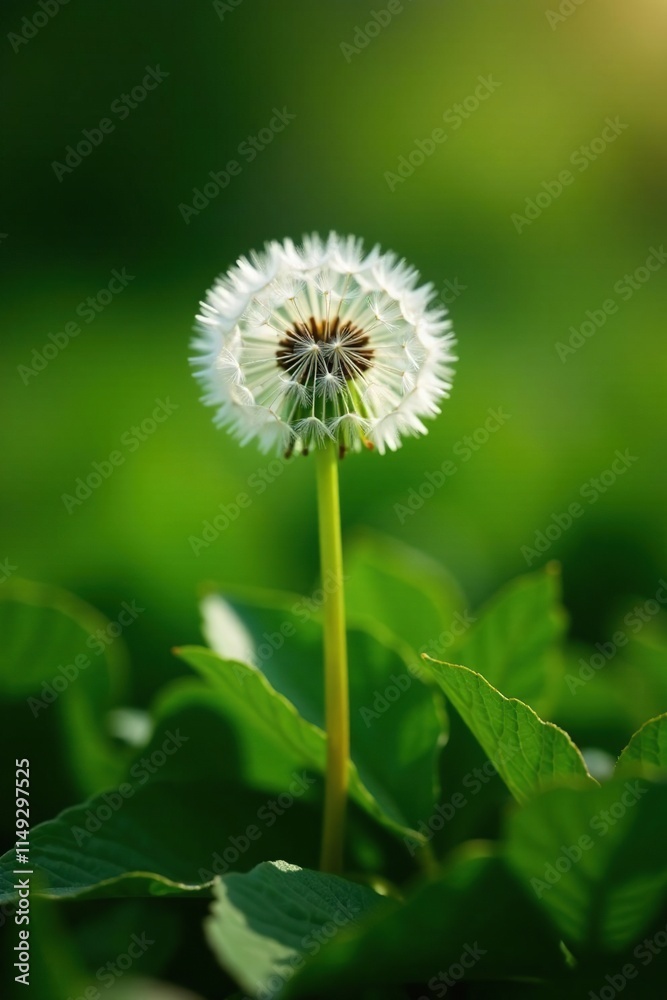 Single white dandelion flower on a bed of leaves, bed, nature, growth Single white dandelion flower on a bed of leaves, bed, nature, growth
