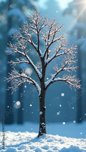 A tree with bare branches and snowflakes falling around it, bare, flakes photo