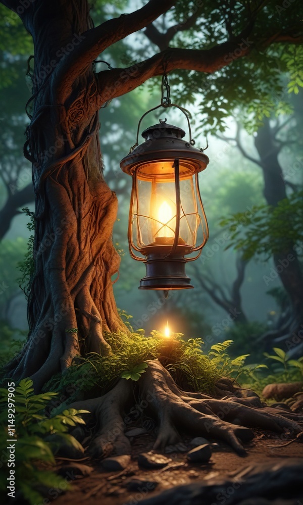 Softly glowing lantern among lush greenery and twisted tree roots, botanical, cremation urn, urns Softly glowing lantern among lush greenery and twisted tree roots, botanical, cremation urn, urns