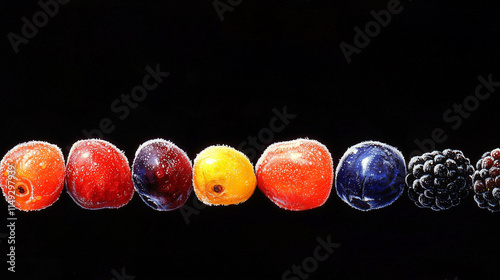 Wallpaper Mural A row of frozen, dark red plums and blackberries on the right side, against a pure black background,  Made by AI. Torontodigital.ca