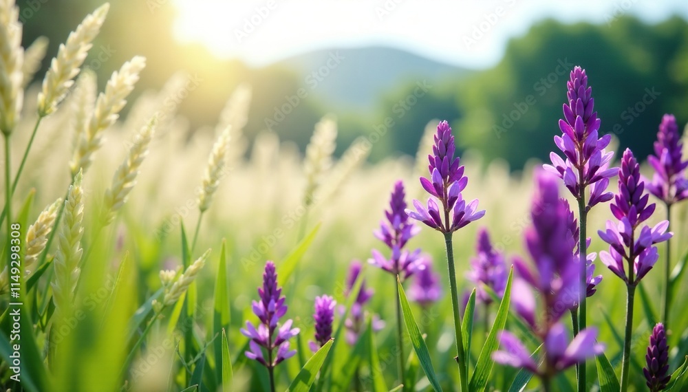 Fototapeta premium Tall grasses sway gently in the breeze as vibrant purple flowers start to bloom, spring growth, floral bursts, purple blooms