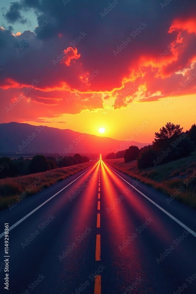 Naklejka premium The day's final moments are marked by a fiery blaze of color across the sky and down the length of the highway, landscape, highway, foreground