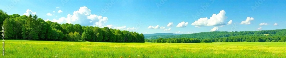 Dense forest in the distance against a vast open meadow under a clear blue summer sky with few white clouds, outdoor nature, natural scenery, countryside Dense forest in the distance against a vast open meadow under a clear blue summer sky with few white clouds, outdoor nature, natural scenery, countryside