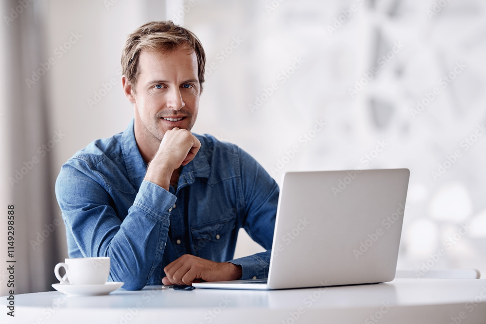 Businessman, portrait and office with laptop, idea and confidence for audit as accountant. Male person, pride and technology as thinking for finance agency, banking and investment opportunity at work Businessman, portrait and office with laptop, idea and confidence for audit as accountant. Male person, pride and technology as thinking for finance agency, banking and investment opportunity at work