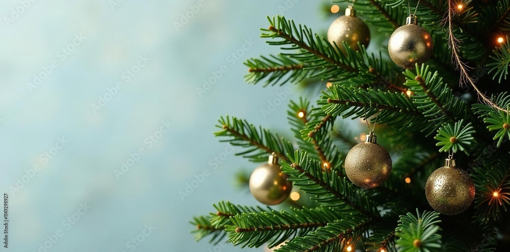 Fir tree decorated with festive garland and evergreen branches, holiday, festive Fir tree decorated with festive garland and evergreen branches, holiday, festive