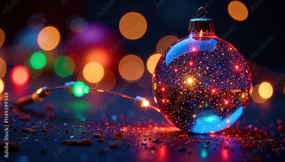 Fototapeta premium Glass ball aglow with colorful Christmas lights, ornaments, glow