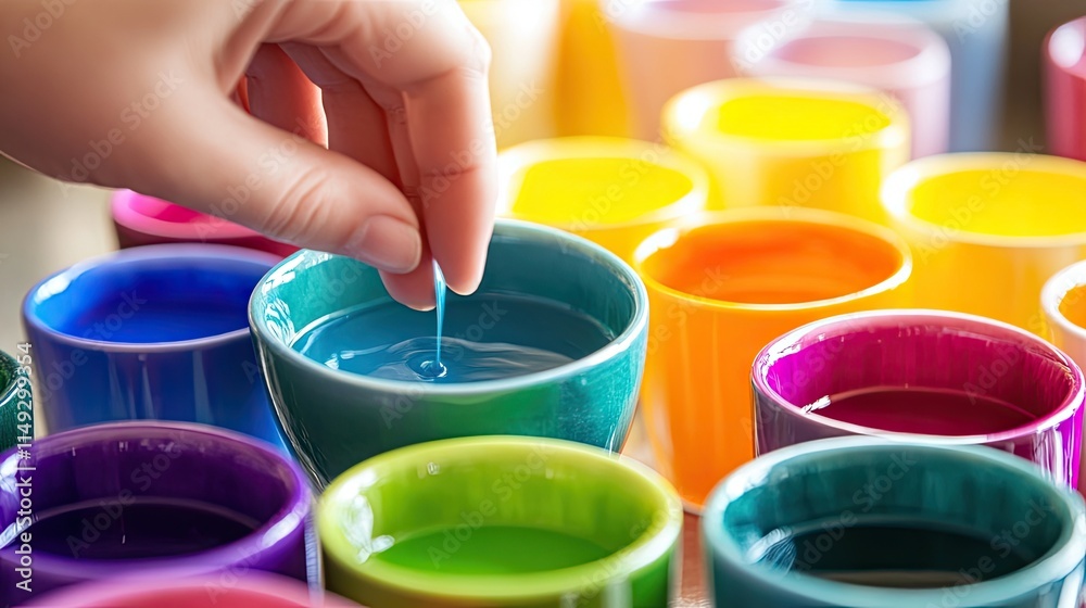 Colorful Paint Pots with Hand Dipping Brush in Artistic Workspace Colorful Paint Pots with Hand Dipping Brush in Artistic Workspace