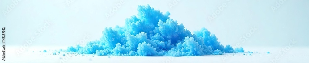 Bright blue cloud of powder on a pristine white surface, clear sky, white canvas, powder cloud
