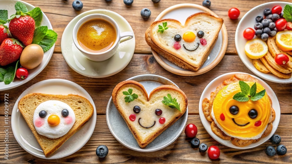 A cheerful breakfast spread featuring heart-shaped toast with playful faces, fresh fruits, and a cup of coffee on a wooden table.