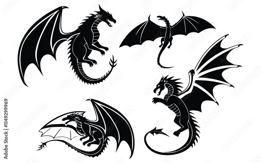 A set of four black silhouette dragon illustrations in various poses, showcasing detailed wings, tails, and fierce expressions. Perfect for fantasy-themed designs, tattoos, or mythical artwork. A set of four black silhouette dragon illustrations in various poses, showcasing detailed wings, tails, and fierce expressions. Perfect for fantasy-themed designs, tattoos, or mythical artwork.