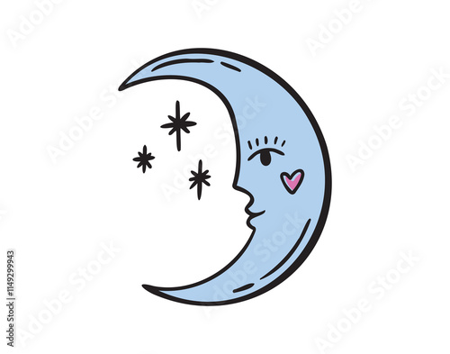 Moon face doodle element. Blue mystical cartoon whimsical boho style. Moon space cosmic line icon.