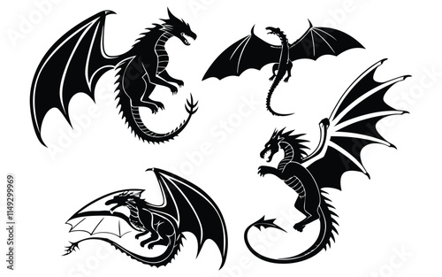 A set of four black silhouette dragon illustrations in various poses, showcasing detailed wings, tails, and fierce expressions. Perfect for fantasy-themed designs, tattoos, or mythical artwork.