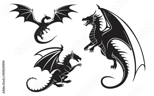 A trio of dragon silhouettes in flight and combat stances, capturing the essence of mythical and fantasy creatures. Great for use in fantasy artwork, book covers, or tattoo designs.