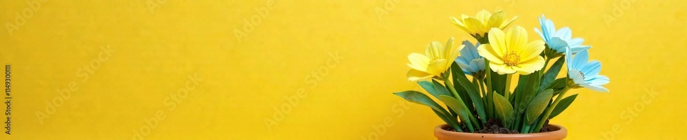 Pastel blue and yellow flowers in a terracotta pot, yellow, Pastel blue and yellow flowers in a terracotta pot, yellow,