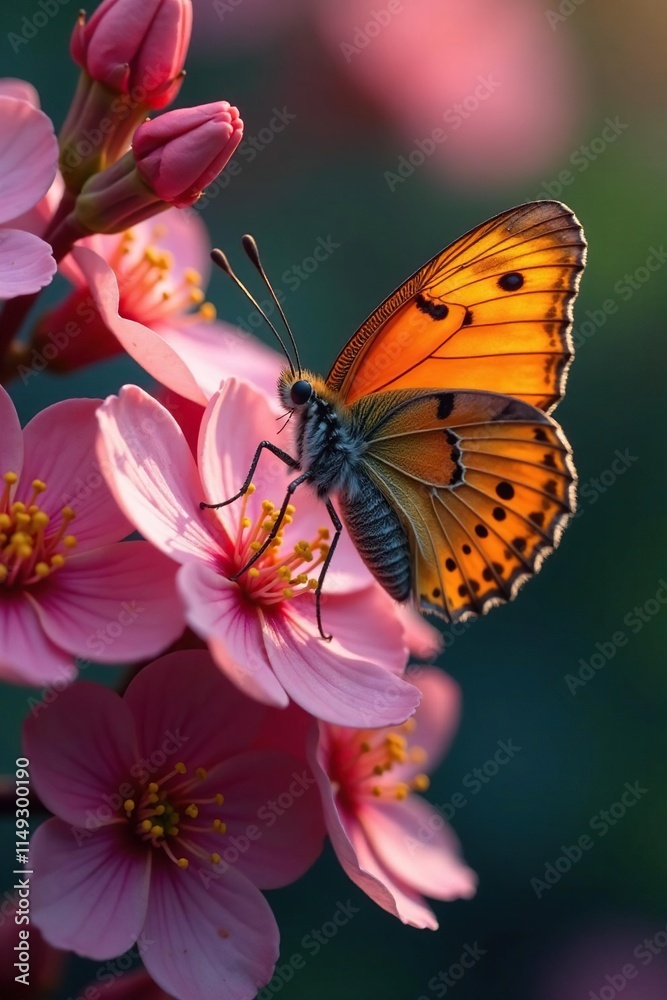 Delicate copper-colored butterfly perched on a vibrant tree blossom, copper lycaena phlaeas butterfly, flower Delicate copper-colored butterfly perched on a vibrant tree blossom, copper lycaena phlaeas butterfly, flower