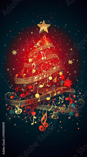 A Christmas tree made of musical notes, Christmas poster template, New Year's concert