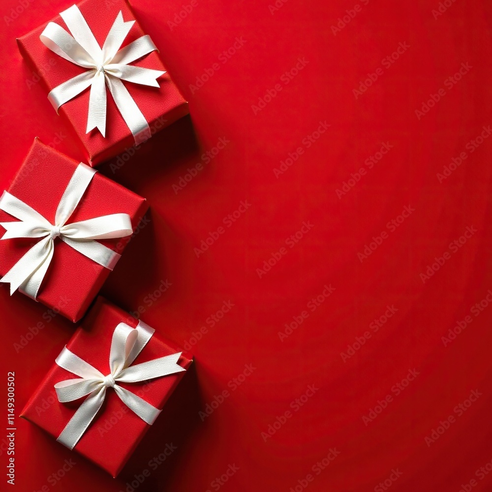 Red Christmas gift boxes with white bows on a bright red velvet background, background, red, gift Red Christmas gift boxes with white bows on a bright red velvet background, background, red, gift