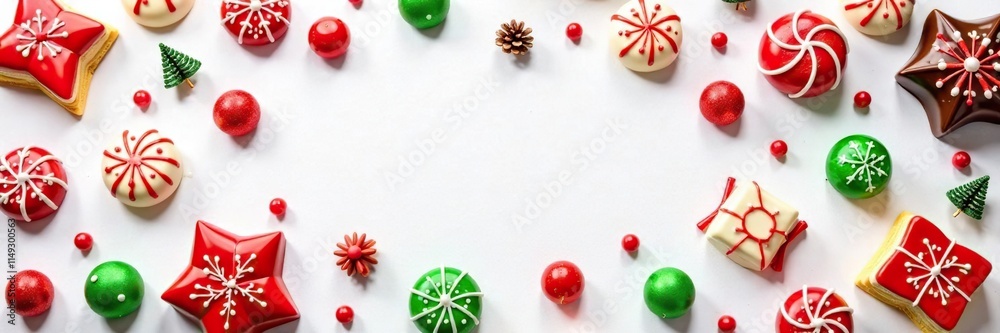 Festive holiday candies and chocolates arranged in a decorative pattern on a white background, sweets, white Festive holiday candies and chocolates arranged in a decorative pattern on a white background, sweets, white