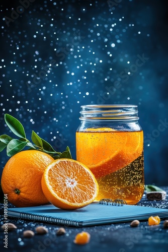 A vibrant composition featuring a jar of fizzy orange drink, fresh oranges, and a notebook, all set against a captivating blue backdrop sprinkled with shimmering light.