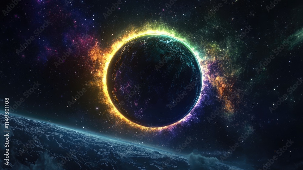 Obraz premium solar eclipse overlay effect neon blue, yellow, green, purple blazing star edge behind planet in dark sky