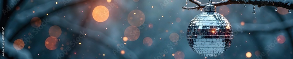 Obraz premium Sparkling snowflakes on a shimmering silver disco ball suspended from a tree branch, disco, icy