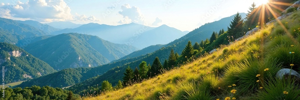 Fototapeta premium Lush vegetation on a hillside with brown earth, terrain, landscape, mountains