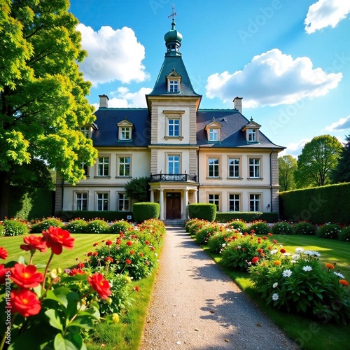 K?nigspalatine mit blauem Himmel und Gartendekoration, Garten, Hessen, Barock photo