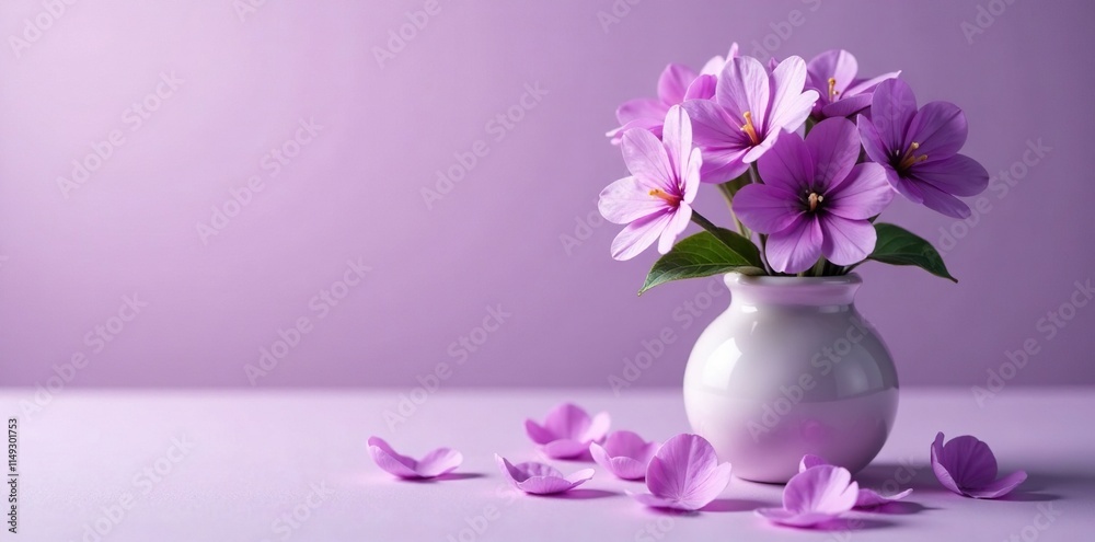 Obraz premium Purple and white flower petals scattered in a small vase, playful, purple flowers, vase