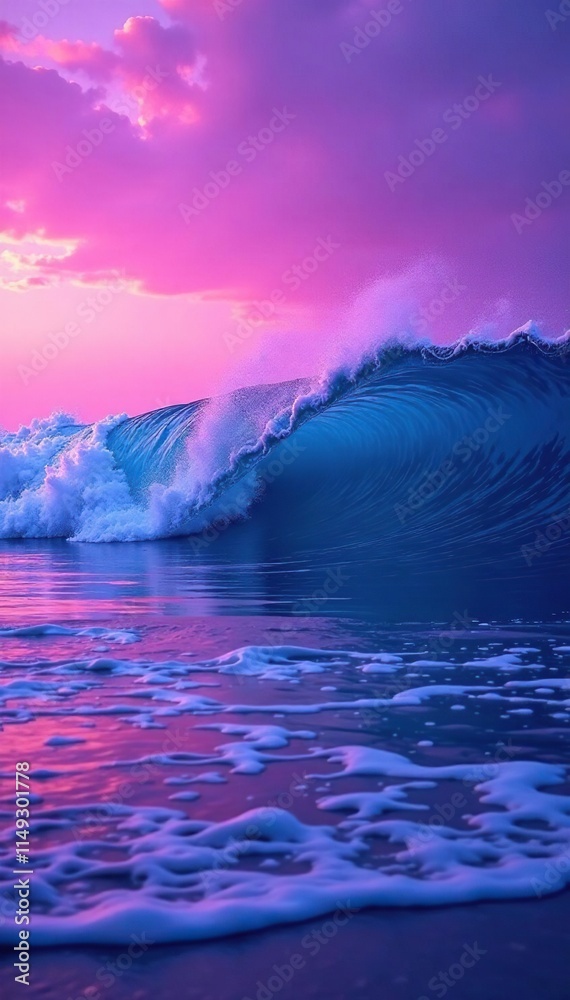 Fototapeta premium Purple and blue hues gradating into the horizon as a wave rises from the deep, purple, seashore, landscape
