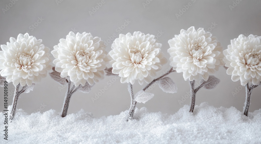 Five white fabric flowers in snow. Five white fabric flowers in snow.