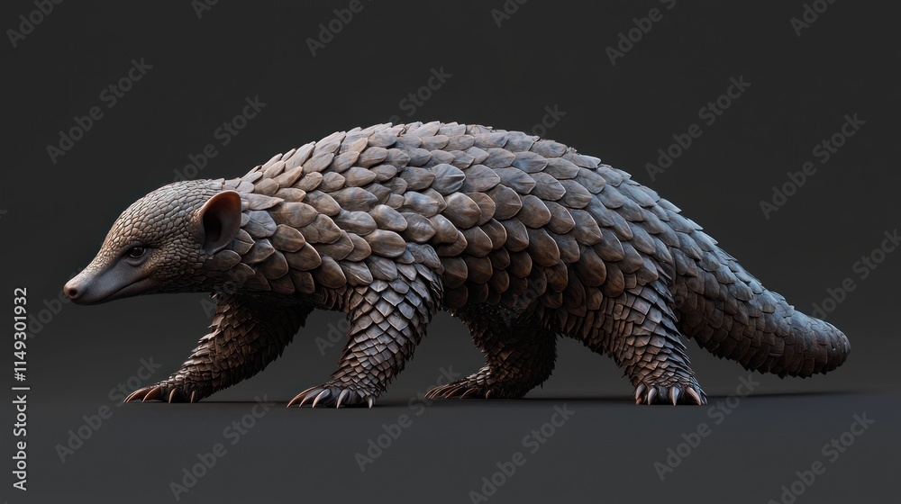 Obraz premium Detailed 3D Rendering of a Realistic Pangolin Walking on a Dark Background with Intricate Scale Textures