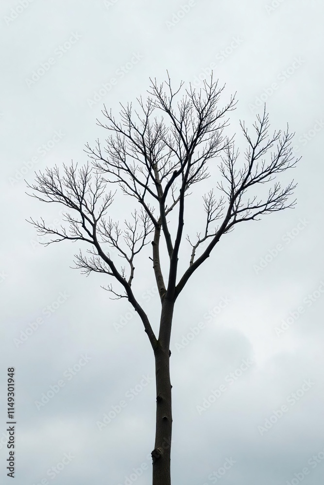 A bare tree branch stretches towards the grey sky, isolated, tree A bare tree branch stretches towards the grey sky, isolated, tree