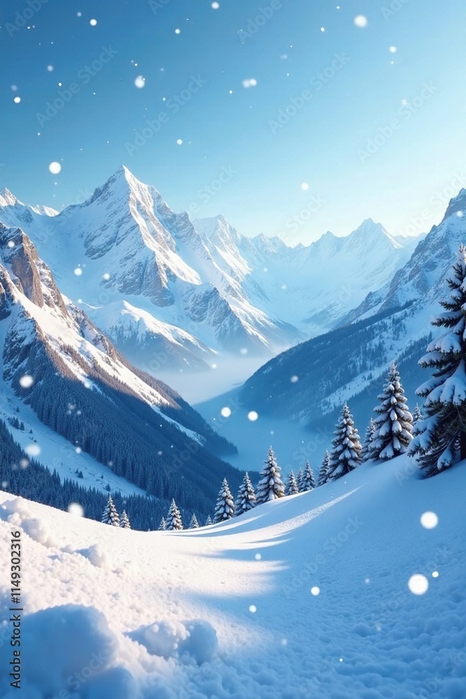 Fototapeta premium Snowflakes gently falling on a serene winter scene, frosty, calm, icy mountains