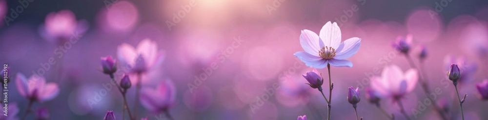 Soft focus purple mist surrounds a single white bloom in a meadow, white, soft focus Soft focus purple mist surrounds a single white bloom in a meadow, white, soft focus