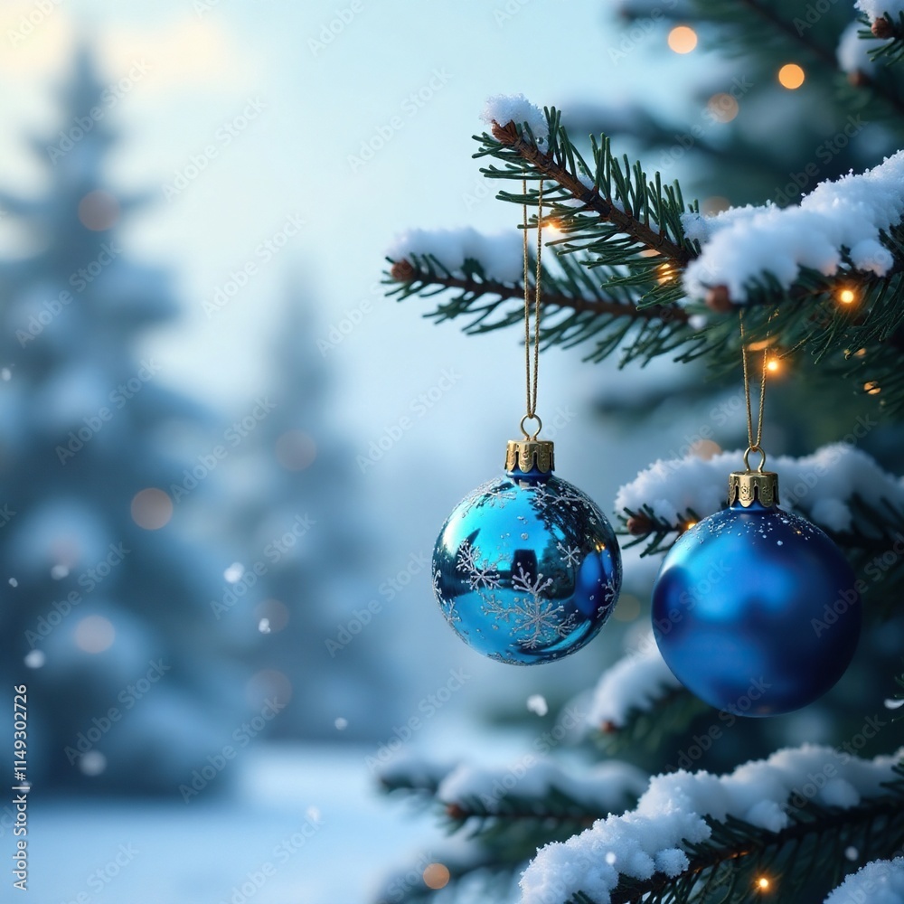 Blue and clear glass Christmas ornaments hanging from a bare Christmas tree branch amidst snowflakes, bare Christmas tree, festive lights, frosty winter scene